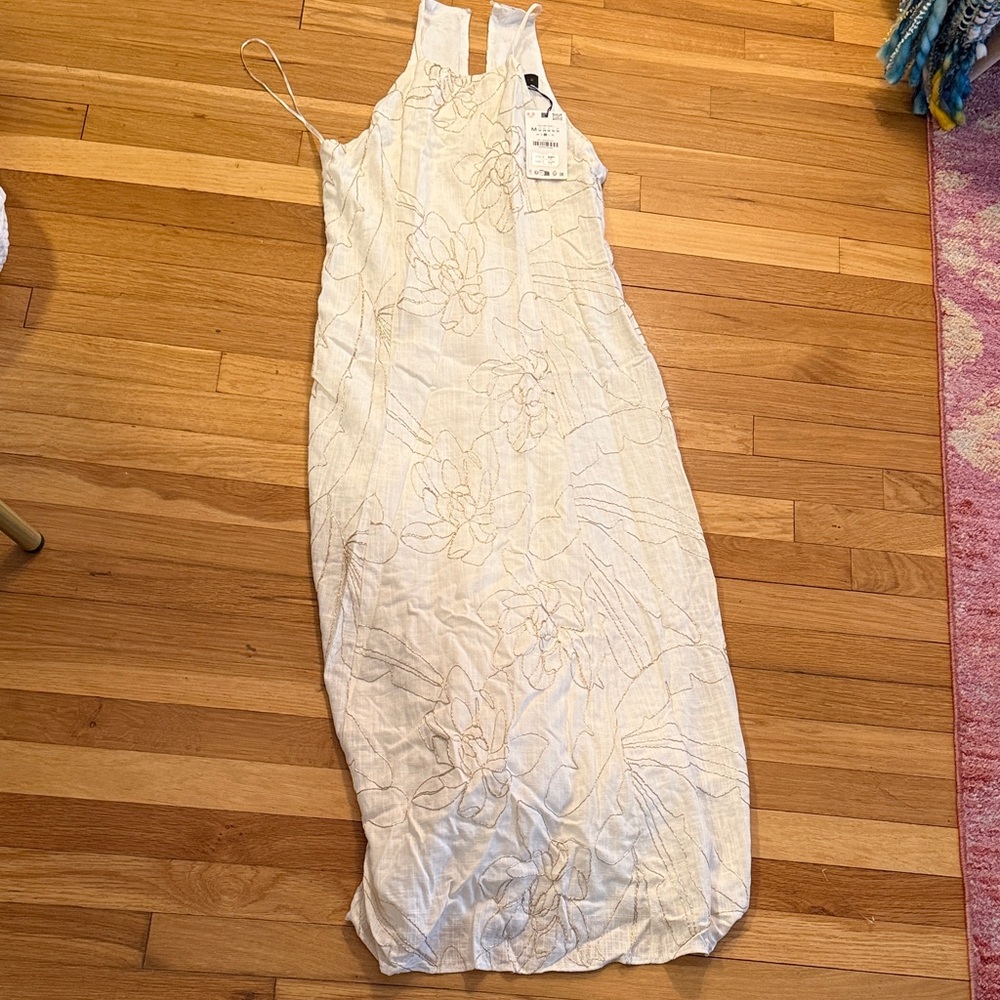 Zara ivory Embroidered Linen Maxi Dress